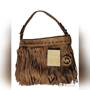 Michael Kors Brown Suede Gold Tassels Fringe Designer Purse Shoulder Bag